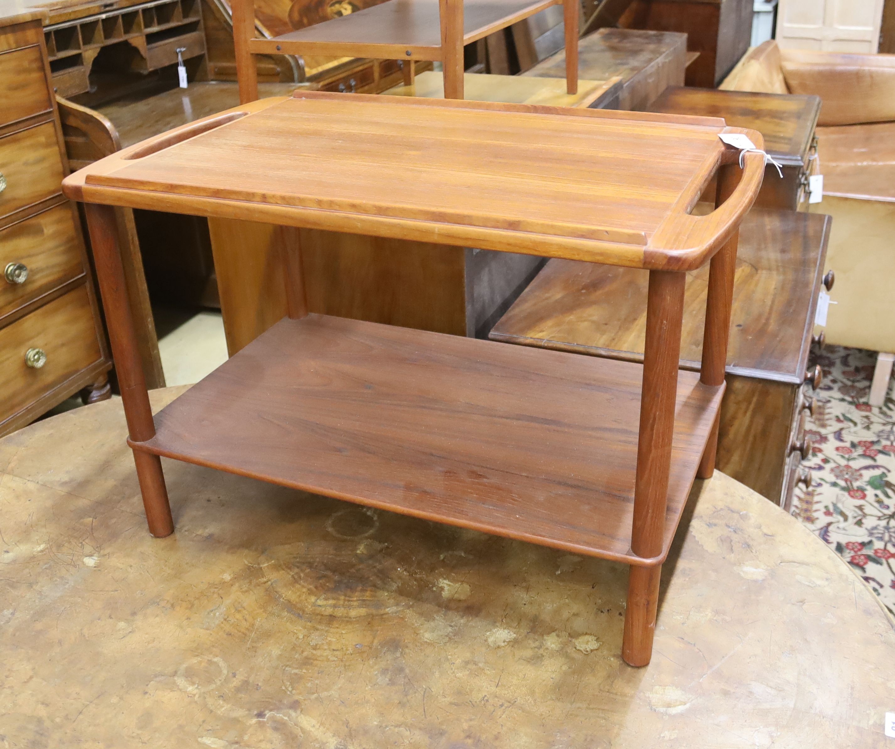 A mid century design Danish style teak two-tier occasional table, width 74cm, depth 44cm, height 48cm